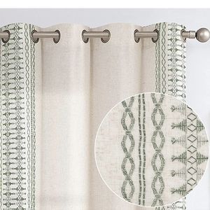 Boho Curtains - 63" Linen Curtains Green Embroidered Bordered Window Curtains